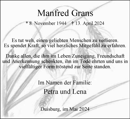 Traueranzeige von Manfred Grans von Tageszeitung