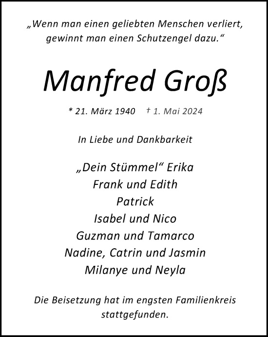 Traueranzeige von Manfred Groß von Tageszeitung