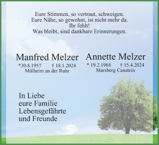 Traueranzeige von Manfred und Annette Melzer von Tageszeitung