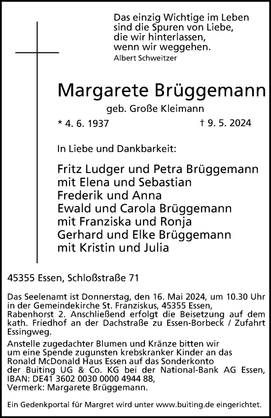 Traueranzeige von Margarete Brüggemann von Tageszeitung