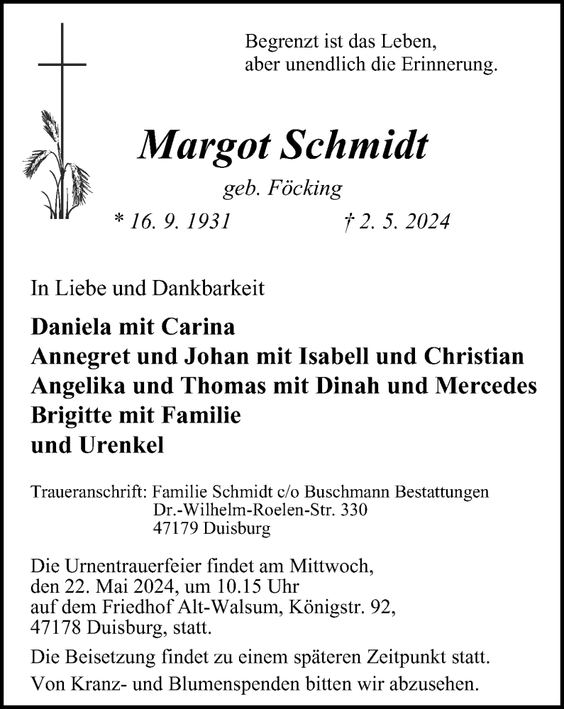  Traueranzeige für Margot Schmidt vom 11.05.2024 aus Tageszeitung