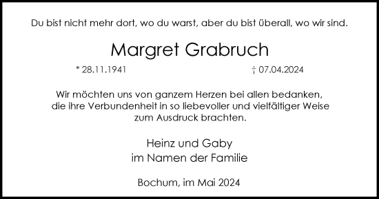 Traueranzeige von Margret Grabruch von Tageszeitung