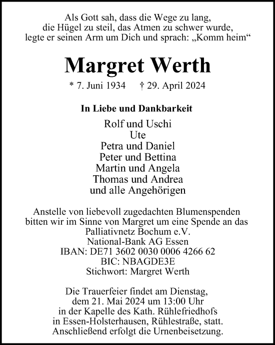 Traueranzeige von Margret Werth von Tageszeitung
