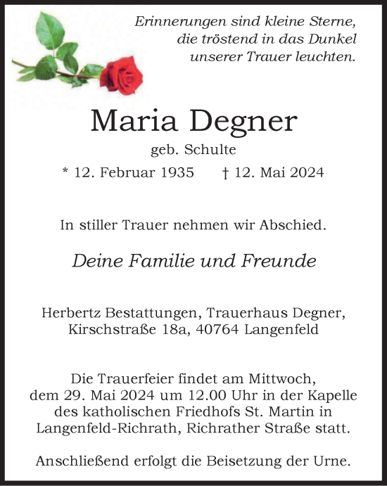 Traueranzeige von Maria Degner von Tageszeitung
