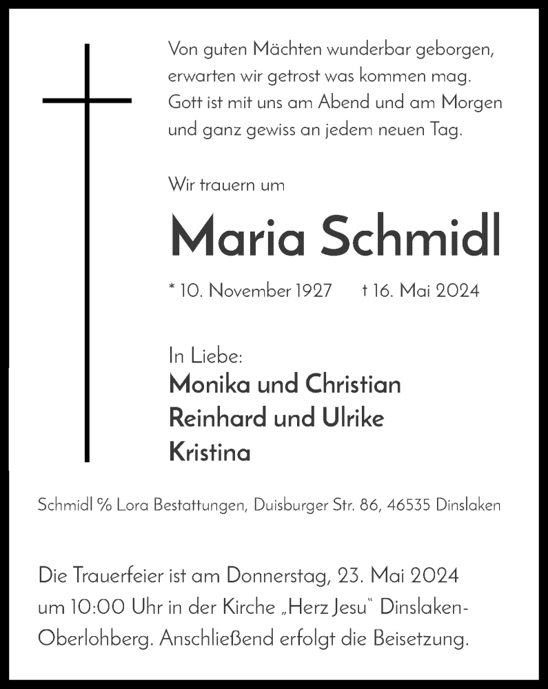 Traueranzeige für Maria Schmidl vom 18.05.2024 aus Tageszeitung