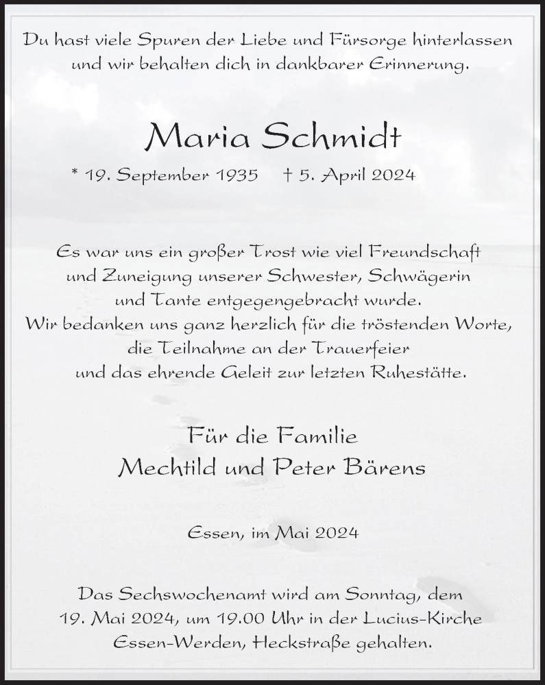  Traueranzeige für Maria Schmidt vom 11.05.2024 aus Tageszeitung