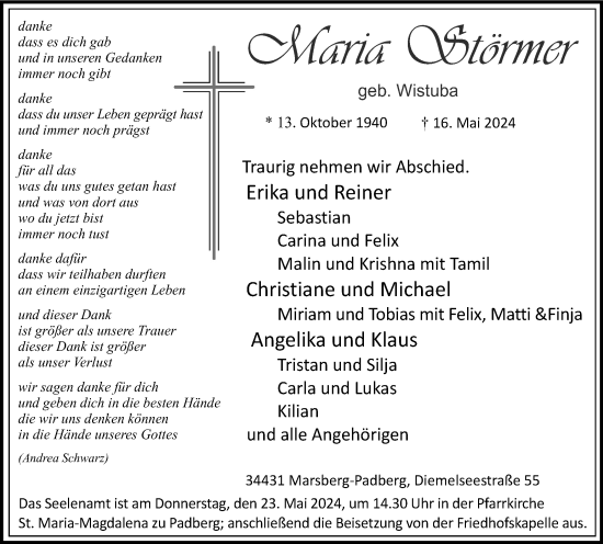 Traueranzeige von Maria Störmer von Tageszeitung