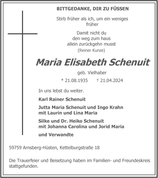 Traueranzeige von Maria Elisabeth Schenuit von Tageszeitung