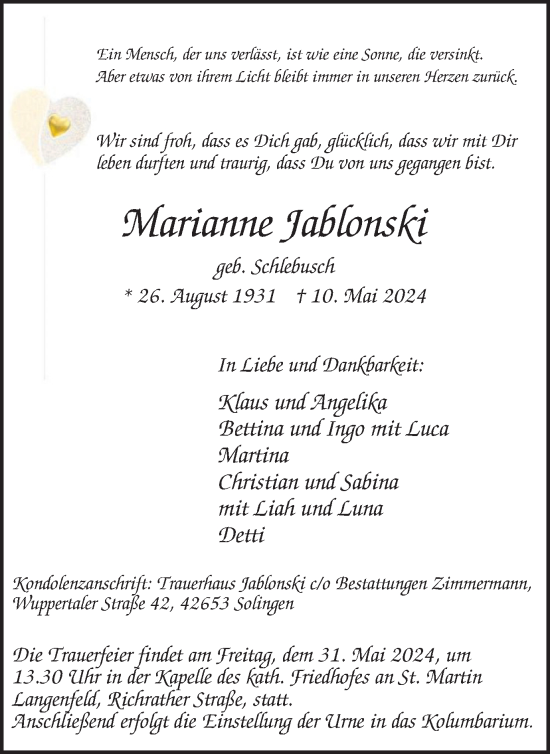 Traueranzeige von Marianne Jablonski von Tageszeitung