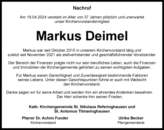 Traueranzeige von Markus Deimel von Tageszeitung