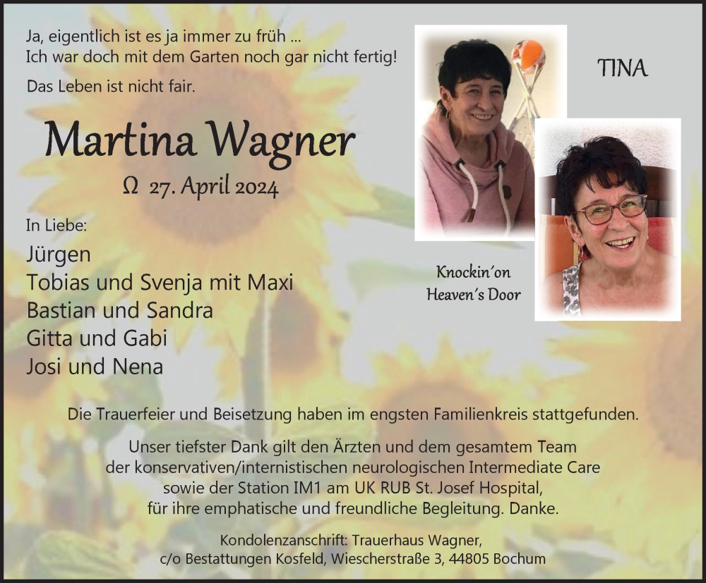  Traueranzeige für Martina Wagner vom 11.05.2024 aus Tageszeitung