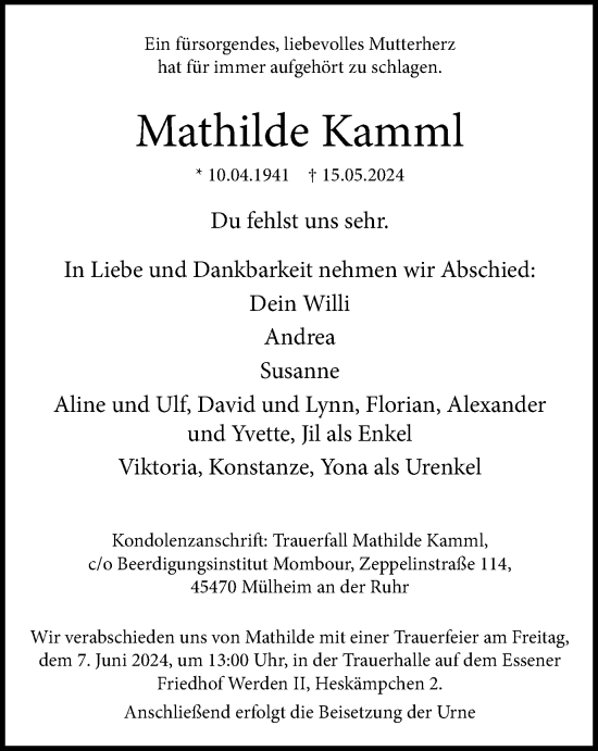 Traueranzeige von Mathilde Kamml von Tageszeitung