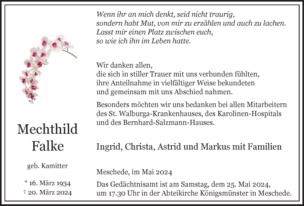  Traueranzeige für Mechthild Falke vom 18.05.2024 aus Tageszeitung