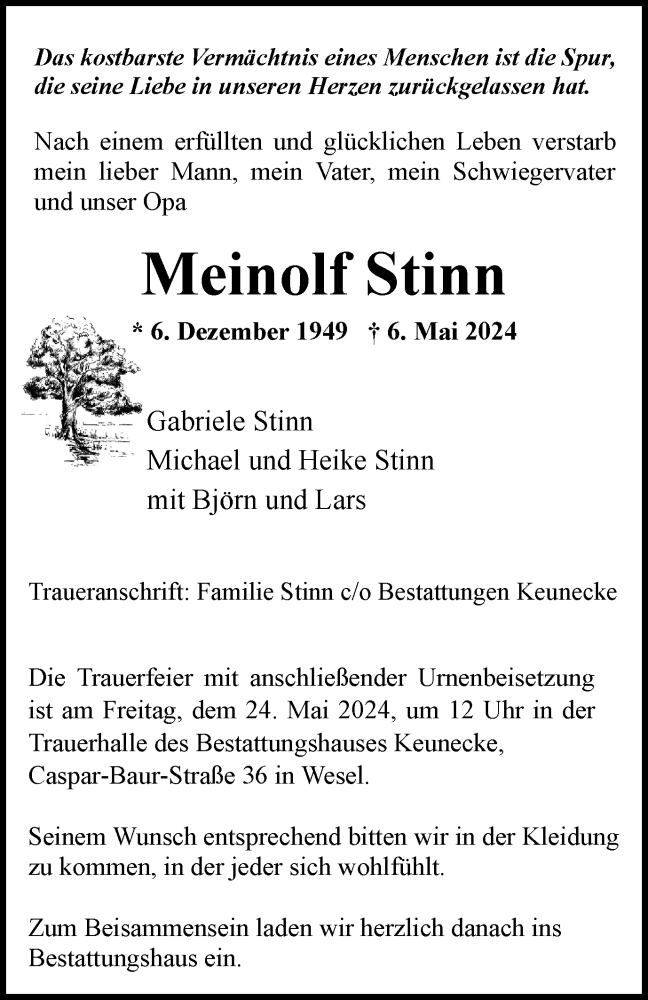  Traueranzeige für Meinolf Stinn vom 18.05.2024 aus Tageszeitung
