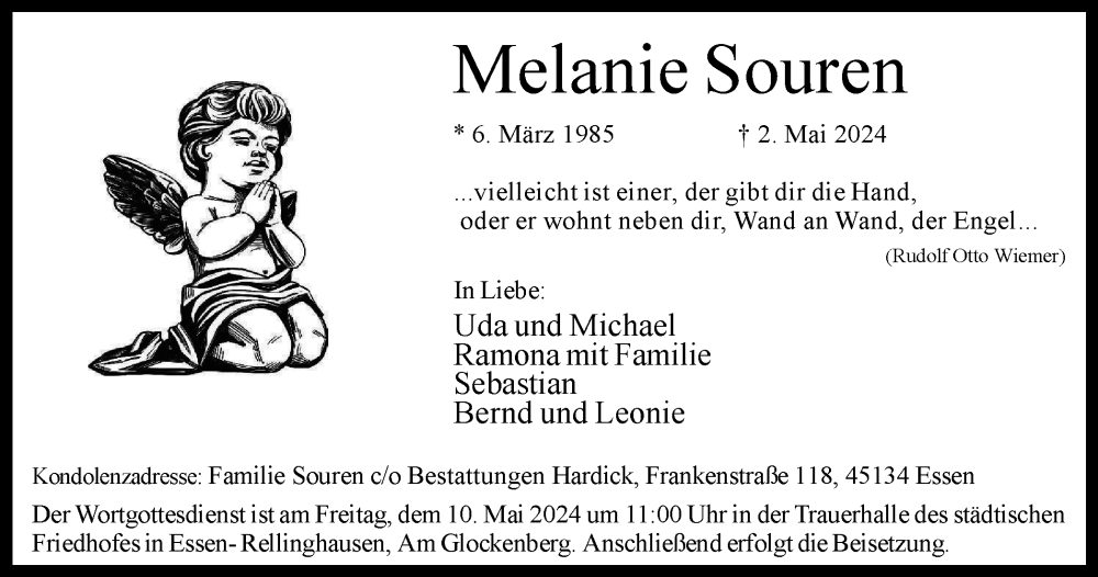  Traueranzeige für Melanie Souren vom 08.05.2024 aus Tageszeitung