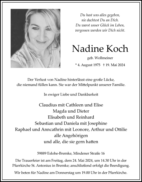 Traueranzeige von Nadine Koch von Tageszeitung