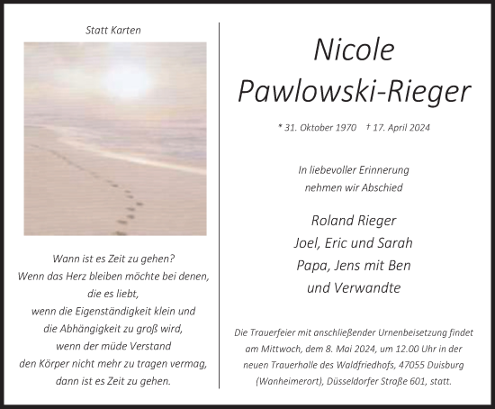 Traueranzeige von Nicole Pawlowski-Rieger von Tageszeitung