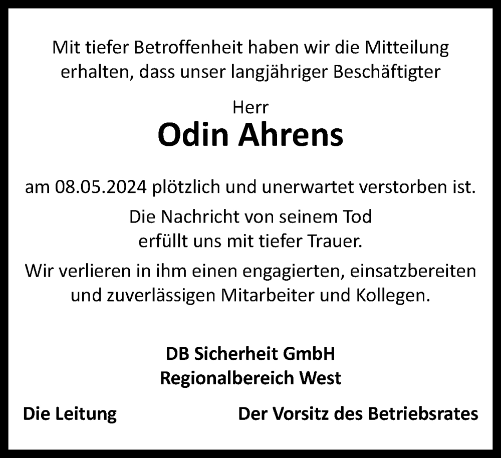  Traueranzeige für Odin Ahrens vom 25.05.2024 aus Tageszeitung