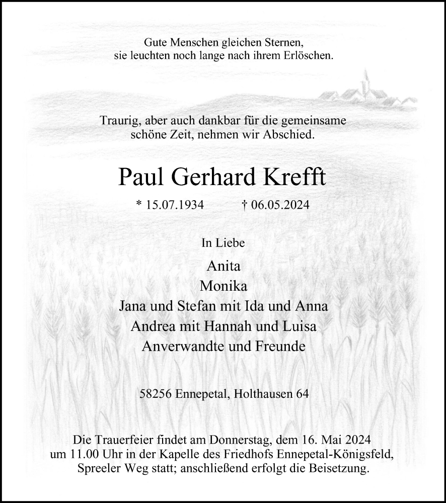  Traueranzeige für Paul Gerhard Krefft vom 11.05.2024 aus Tageszeitung