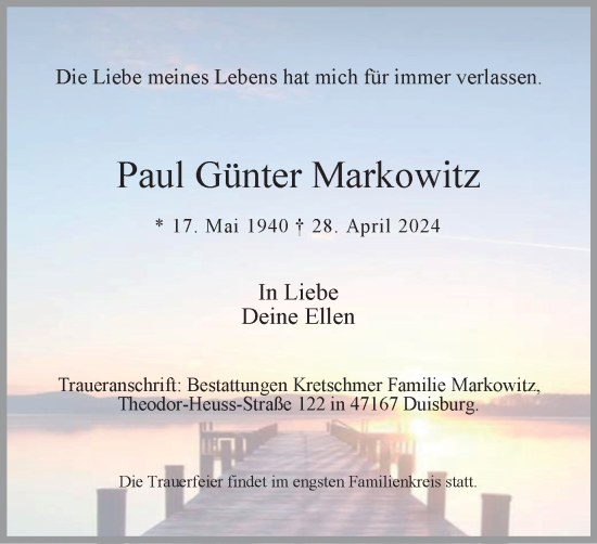 Traueranzeige von Paul Günter Markowitz von Tageszeitung