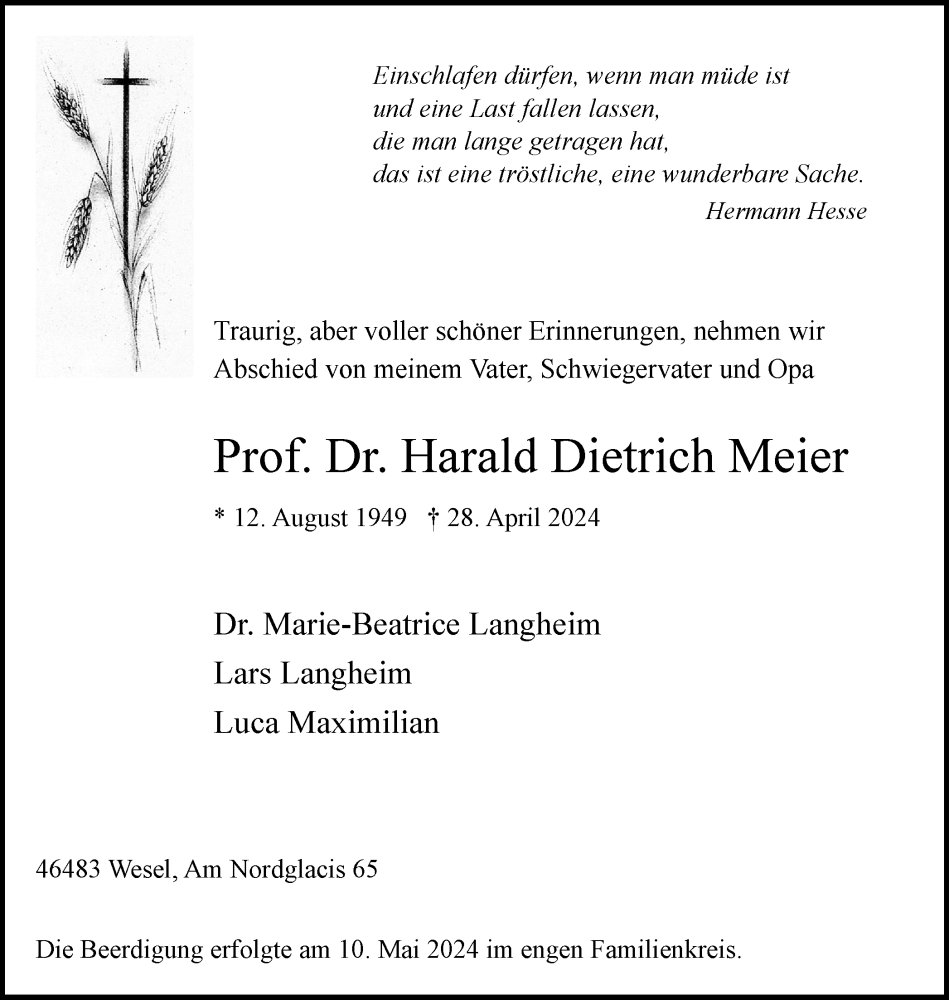  Traueranzeige für Prof. Dr. Harald Dietrich Meier vom 11.05.2024 aus Tageszeitung