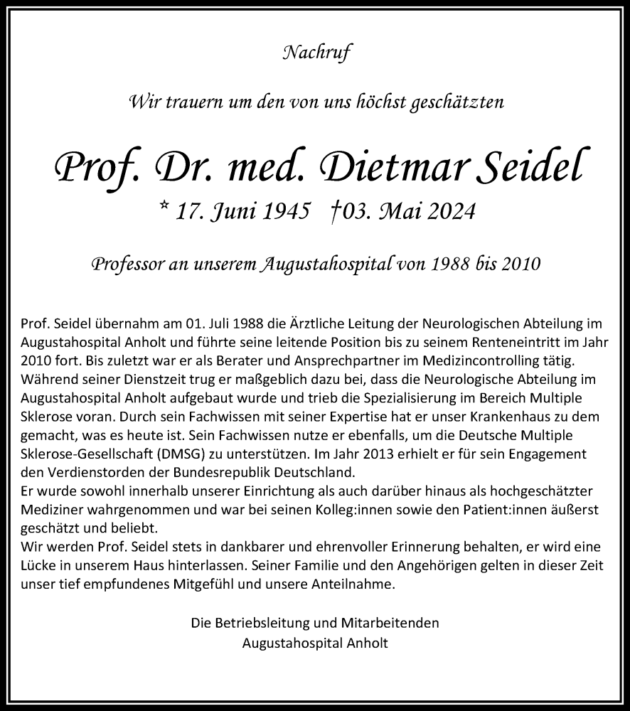  Traueranzeige für Prof. Dr. med. Dietmar Seidel vom 10.05.2024 aus Tageszeitung
