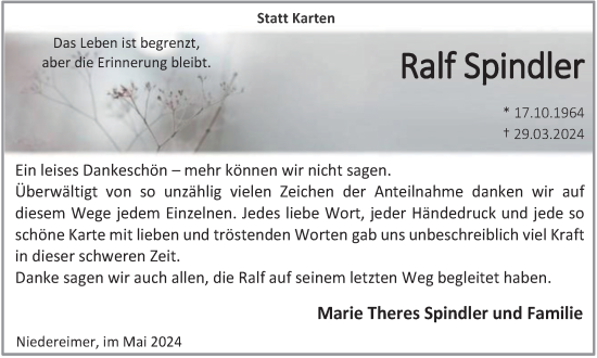 Traueranzeige von Ralf Spindler von Tageszeitung