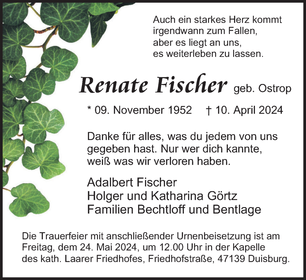 Traueranzeige für Renate Fischer vom 18.05.2024 aus Tageszeitung