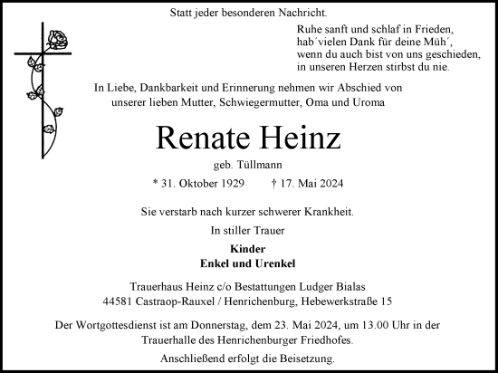 Traueranzeige von Renate Heinz von Tageszeitung
