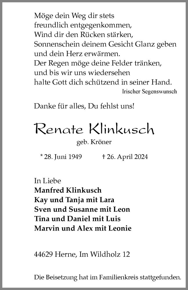 Traueranzeige für Renate Klinkusch vom 11.05.2024 aus Tageszeitung
