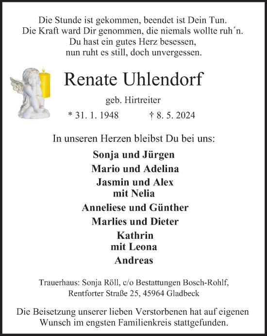 Traueranzeige von Renate Uhlendorf von Tageszeitung