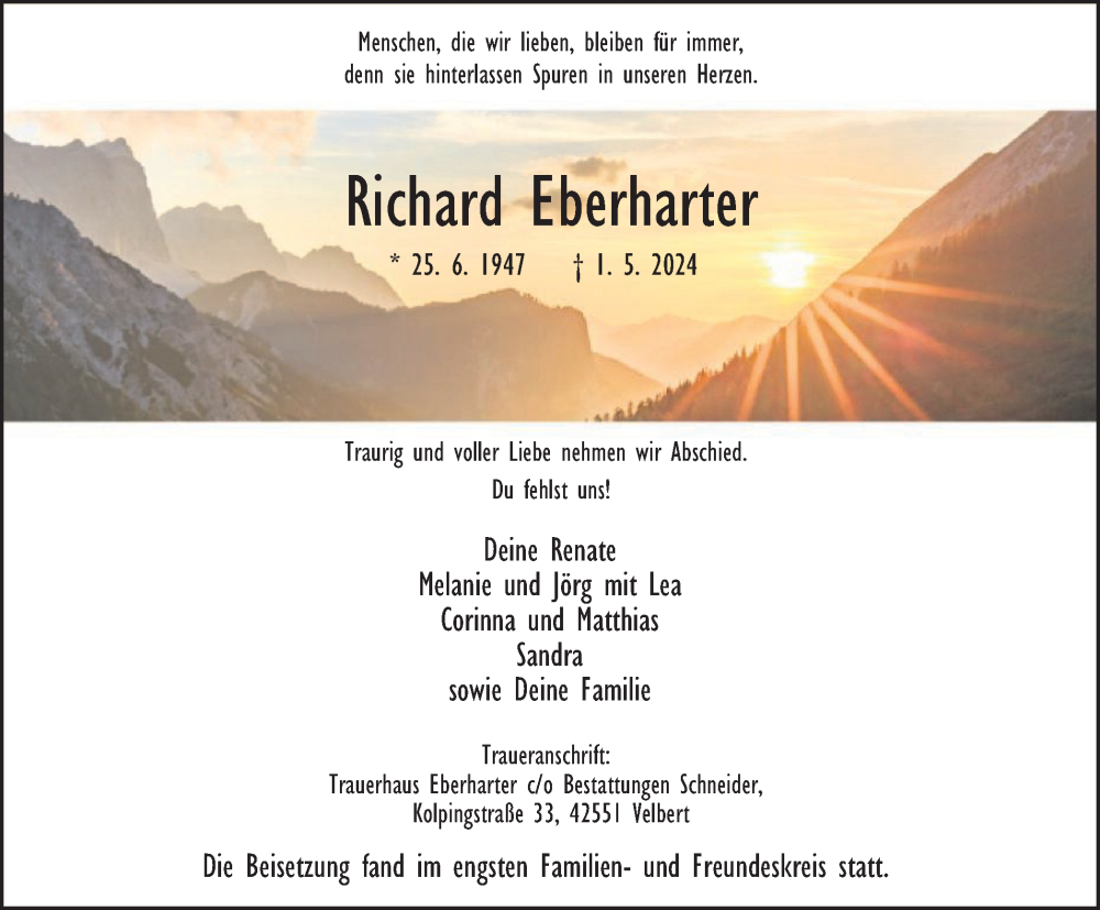  Traueranzeige für Richard Eberharter vom 25.05.2024 aus Tageszeitung