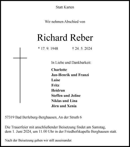 Traueranzeige von Richard Reber von Tageszeitung