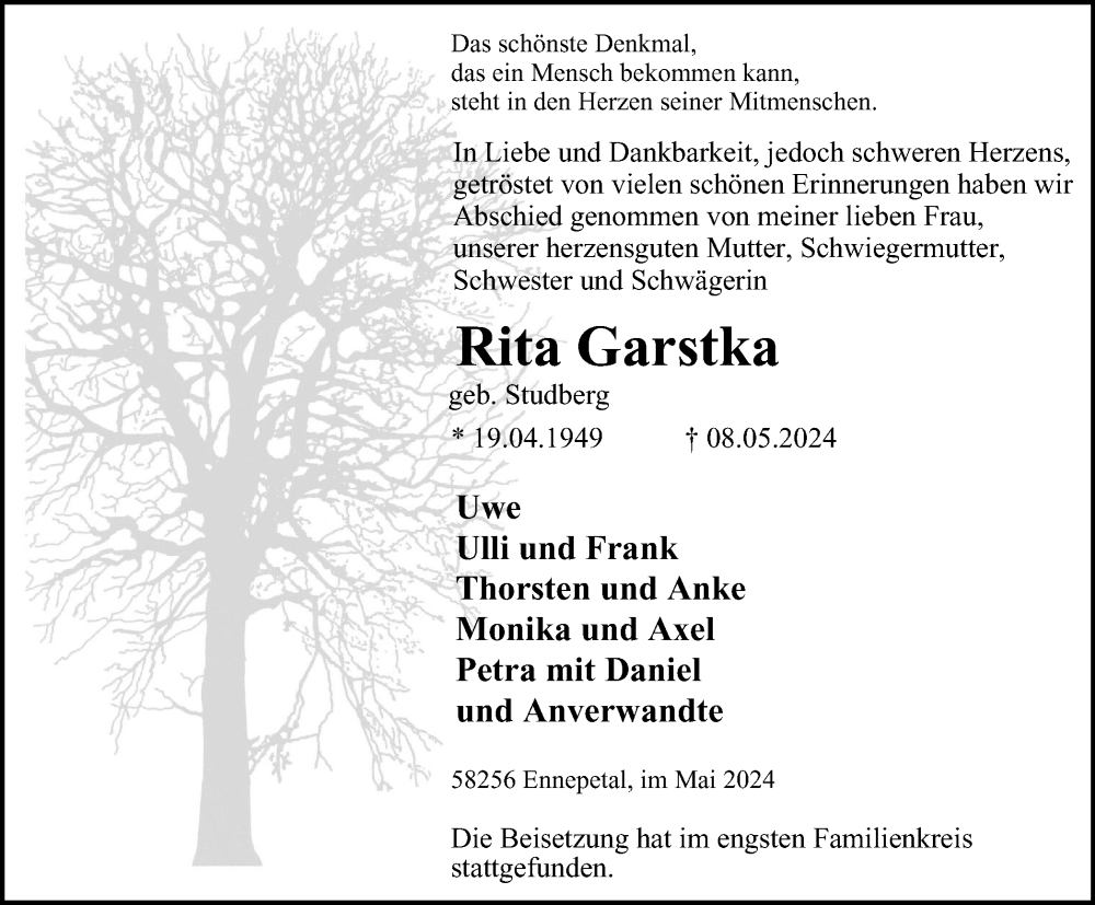  Traueranzeige für Rita Garstka vom 25.05.2024 aus Tageszeitung