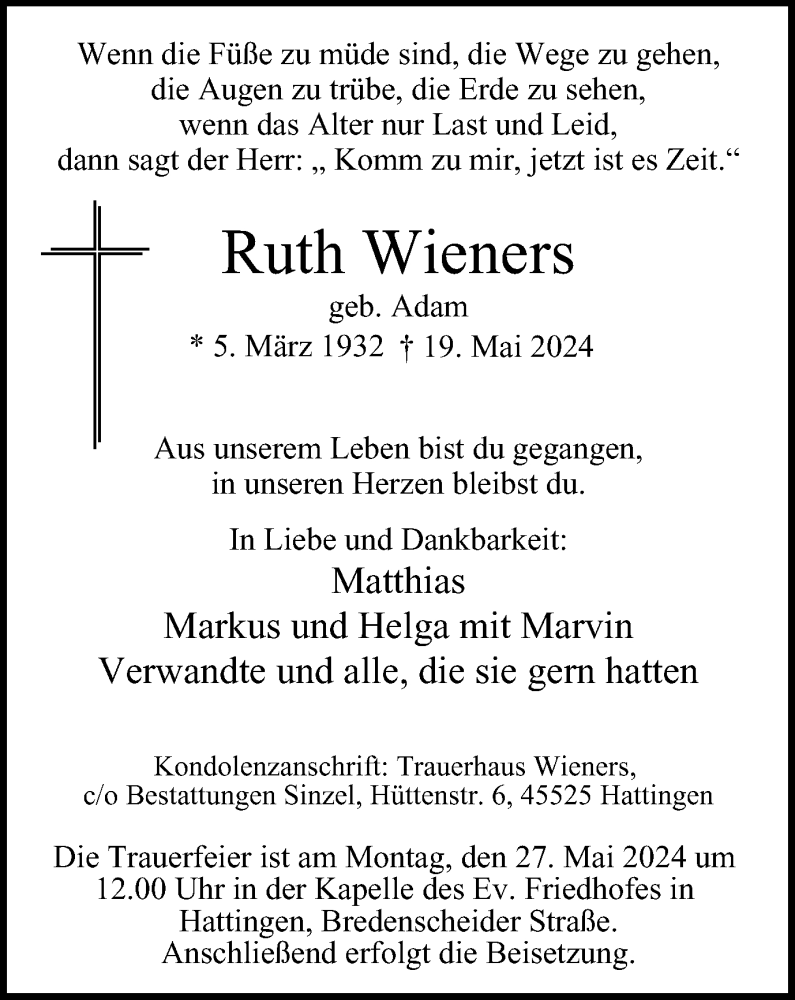  Traueranzeige für Ruth Wieners vom 25.05.2024 aus Tageszeitung