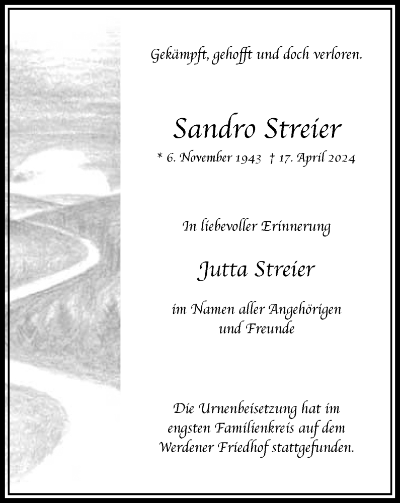 Traueranzeige für Sandro Streier vom 03.05.2024 aus Tageszeitung