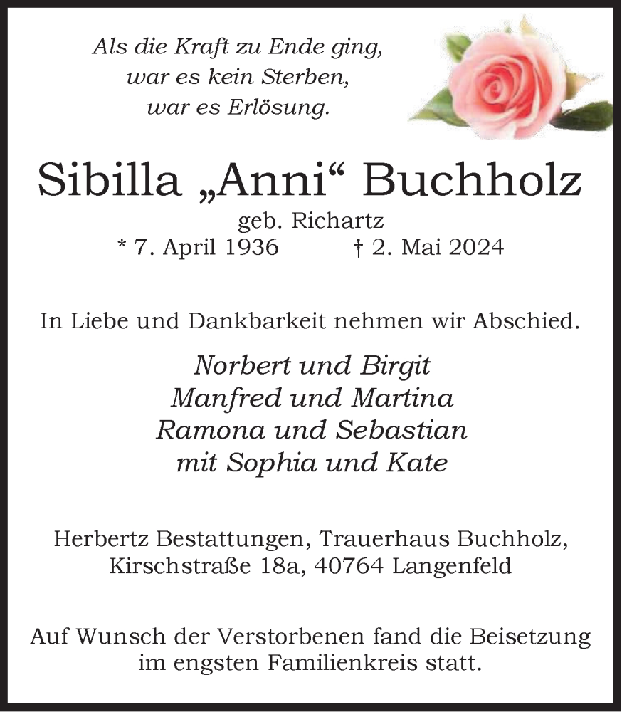  Traueranzeige für Sibilla Buchholz vom 25.05.2024 aus Tageszeitung