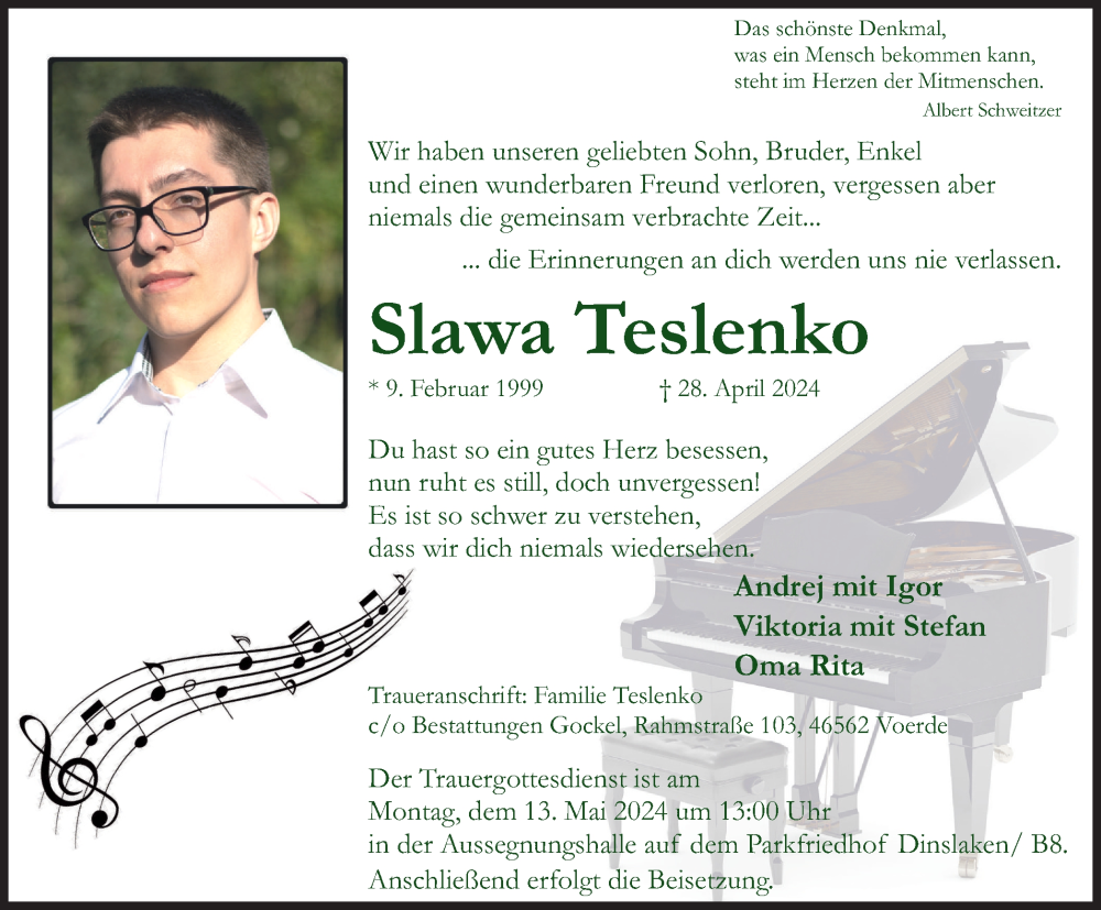  Traueranzeige für Slawa Teslenko vom 08.05.2024 aus Tageszeitung