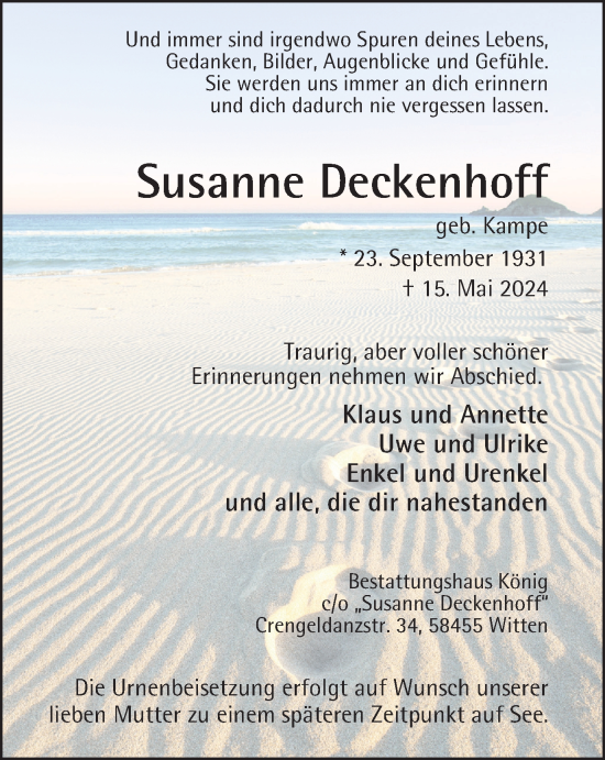 Traueranzeige von Susanne Deckenhoff von Tageszeitung