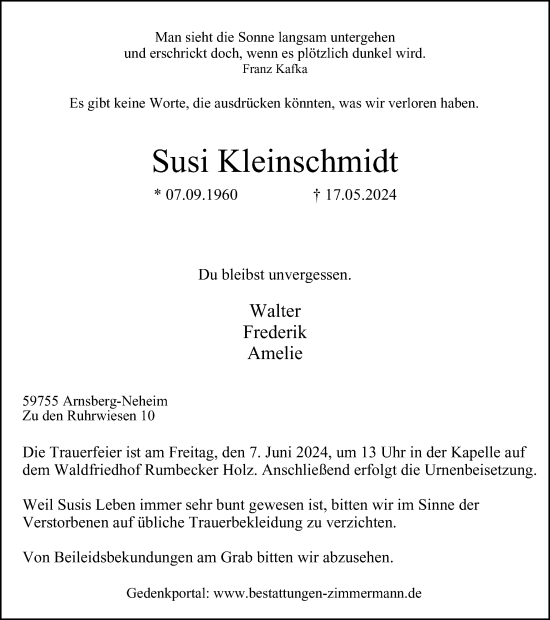 Traueranzeige von Susi Kleinschmidt von Tageszeitung