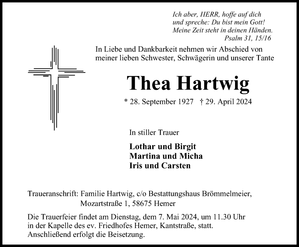  Traueranzeige für Thea Hartwig vom 04.05.2024 aus Tageszeitung