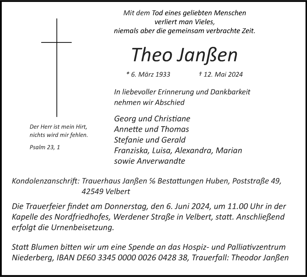  Traueranzeige für Theo Janßen vom 25.05.2024 aus Tageszeitung