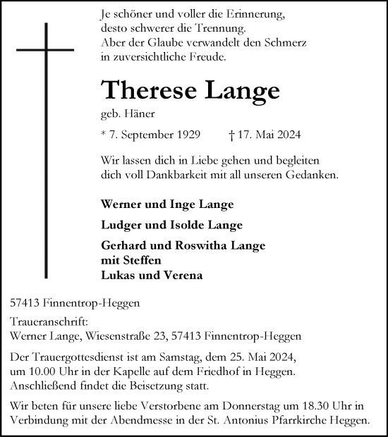 Traueranzeige von Therese Lange von Tageszeitung