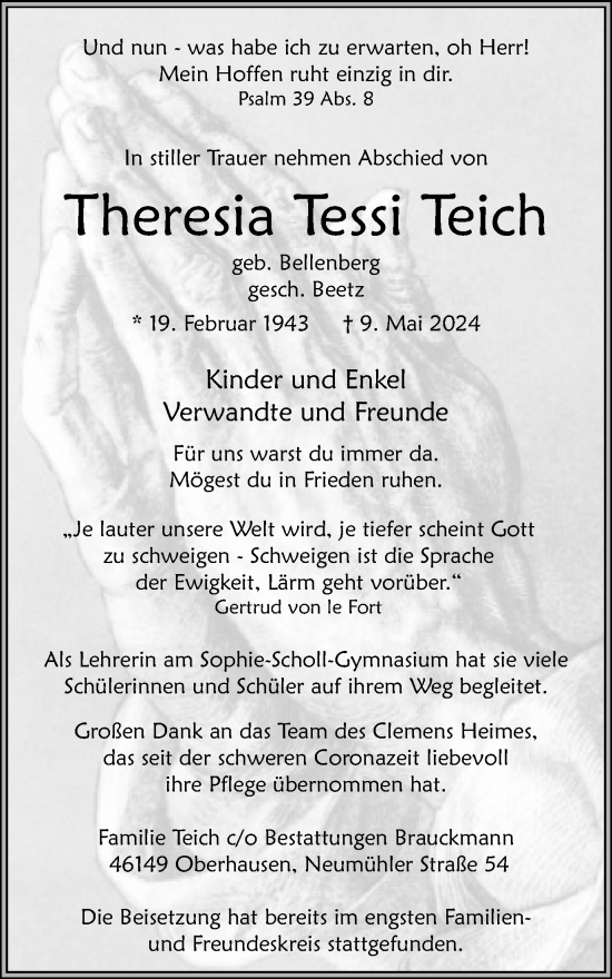 Traueranzeige von Theresia Tessi Teich von Tageszeitung