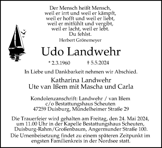 Traueranzeige von Udo Landwehr von Tageszeitung