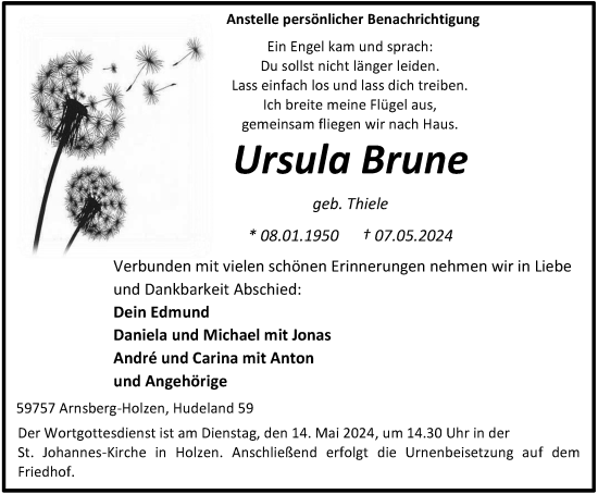 Traueranzeige von Ursula Brune von Tageszeitung