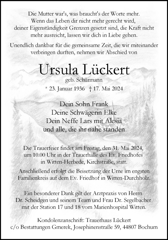 Traueranzeige von Ursula Lückert von Tageszeitung