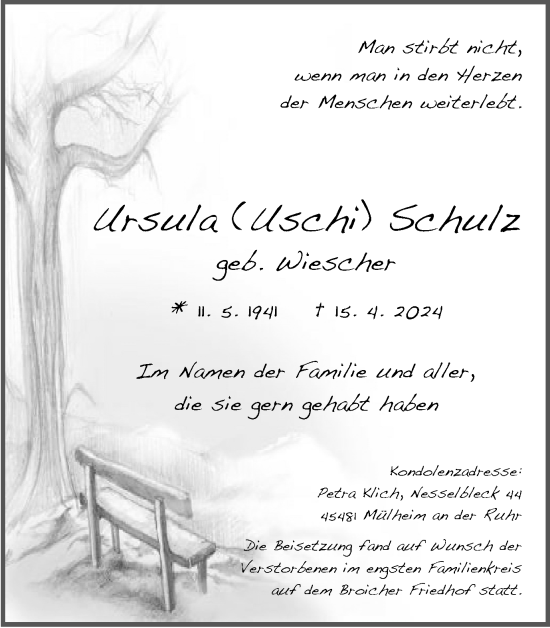 Traueranzeige von Ursula Schulz von Tageszeitung
