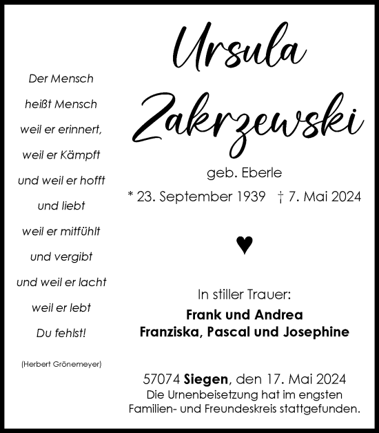 Traueranzeige von Ursula Zakrzewski von Tageszeitung