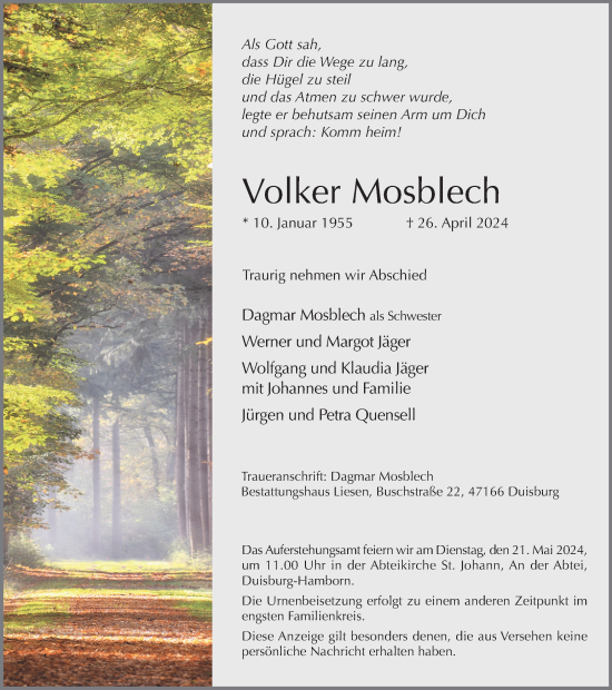 Traueranzeigen von Volker Mosblech TrauerinNRW.de
